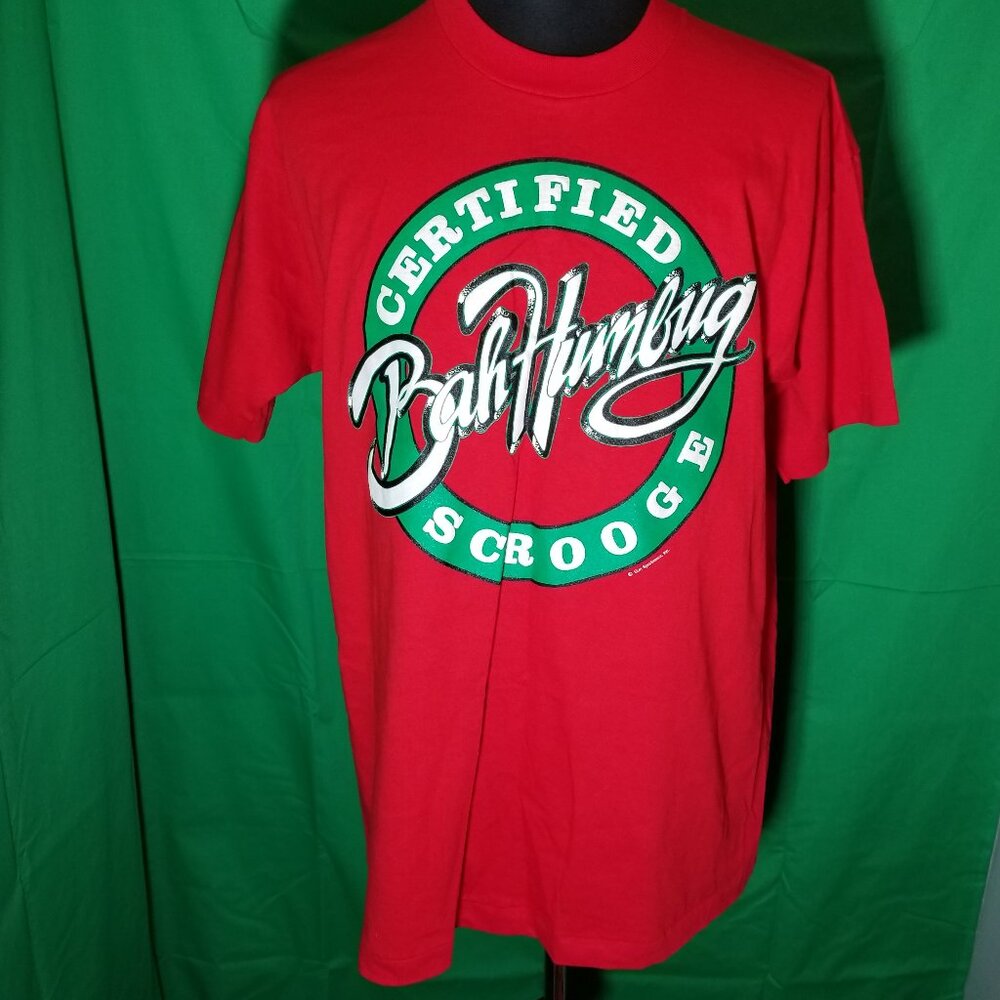 80s Fruit of‎ The Loom Red Bah Humbug Single Stitch Vintage Men XL Christmas NEW